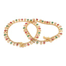 Gold Plated Red & Green Teardrop Cubic Zirconia Stone-Studded Anklets Set Of 2