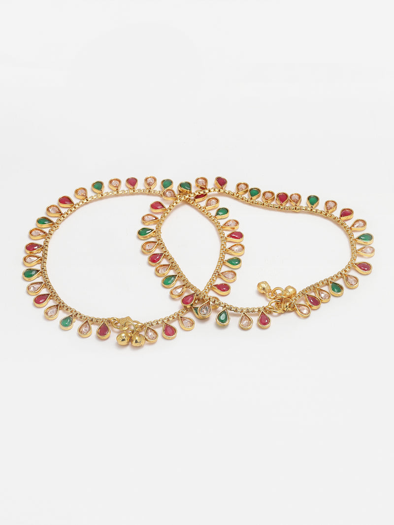 24K Gold-Plated Red & Green Stone-Studded Set Of 2 Anklets