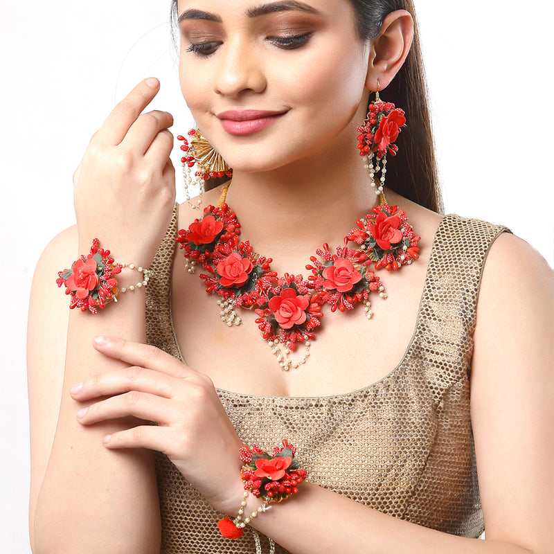 Red Pearl Gota Patti Flower Wedding Jewellery Set Combo