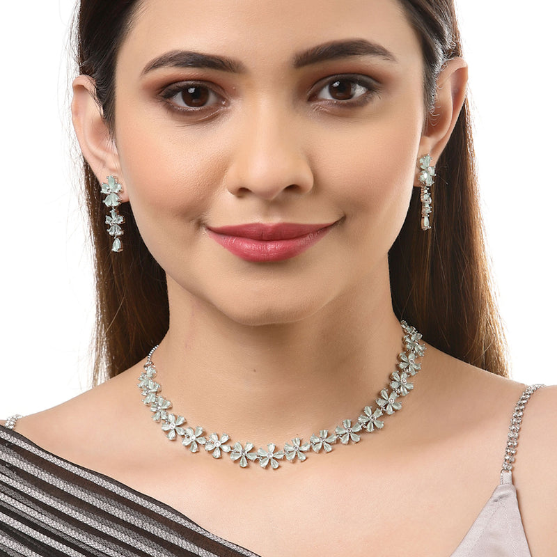 Rhodium-Plated with Silver-Tone Sea-Green & White American Diamond-Studded Jewellery Set