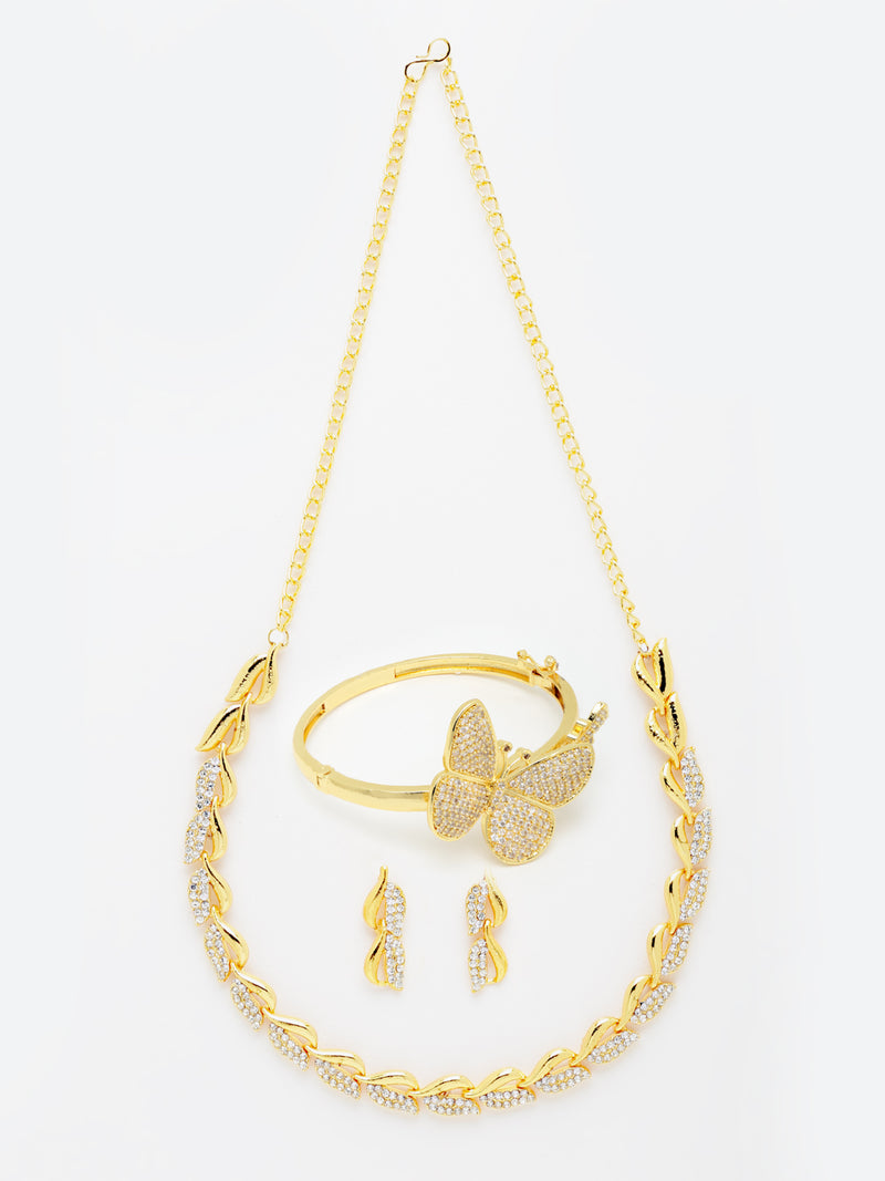 Gold-Plated Cubic Zirconia Stone-Studded Necklace & American Diamond Studded Bracelete Jewellery Set Combo
