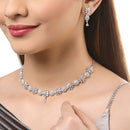 Flower Shaped Rhodium-Plated with Silver-Tone & White American Diamond Studded Jewellery Set