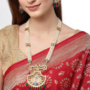 Hyderabadi Peacock Meenakari Style Pink, Green & White Kundan-Studded & Pearl Beaded Gold-Plated Jewellery Set