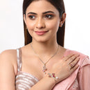 Flower and Leaf Shape Gold-Plated White & Pink Cubic Zirconia Stone-Studded Pendant Jewellery Set Combo