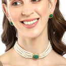 White Pearl Beaded with Green American Diamond Stone Gold-Plated Jewellery Set