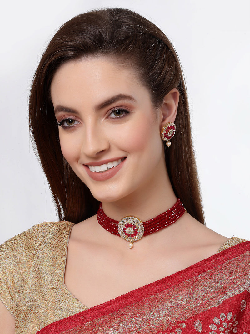 Red Gold-Plated Stone Studded Multistrand Choker Necklace & Earrings