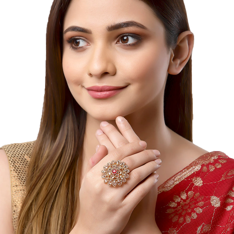 Gold-Plated Red & White Cubic Zirconia Stone Studded Ring