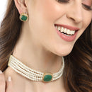 White Pearl Beaded with Green American Diamond Stone Gold-Plated Jewellery Set