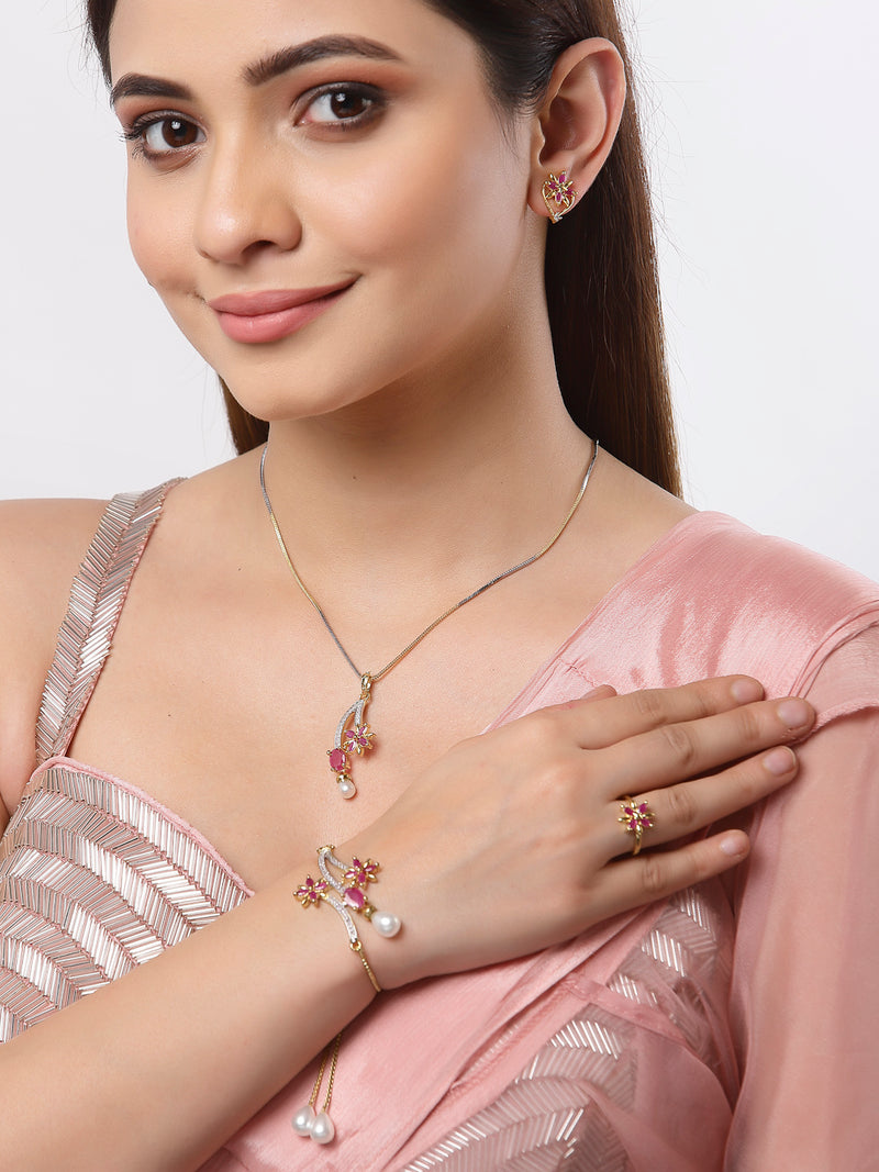 Flower and Leaf Shape Gold-Plated White & Pink Cubic Zirconia Stone-Studded Pendant Jewellery Set Combo