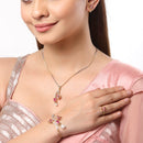 Flower and Leaf Shape Gold-Plated White & Pink Cubic Zirconia Stone-Studded Pendant Jewellery Set Combo