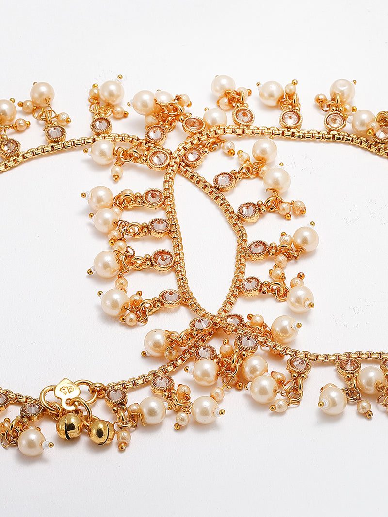 Gold-Plated Set Of 2 Kundan-Studded Beaded  Anklets