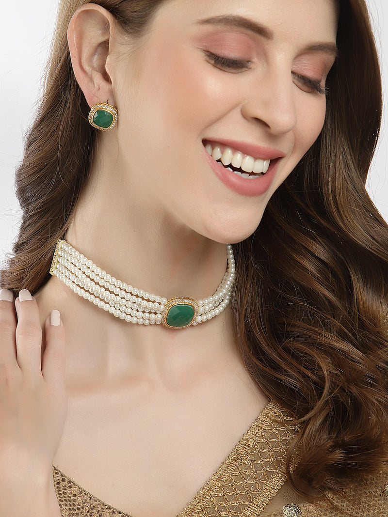 White Pearl Beaded with Green American Diamond Stone Gold-Plated Jewellery Set