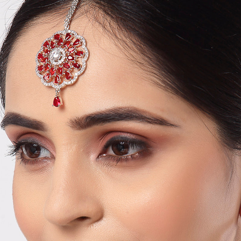 Rhodium Plated Silver Toned Red & White American Diamond Studded Bridal Maang Tikka