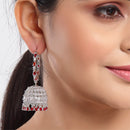 Rhodium Plated Silver Toned with Red & White American Diamond Jhumka Earrings