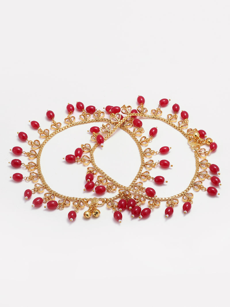 Gold-Toned & Red Gold-Plated Kundan-Studded Beaded Set Of 2 Anklets