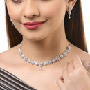 Flower Shaped Rhodium-Plated with Silver-Tone & White American Diamond Studded Jewellery Set