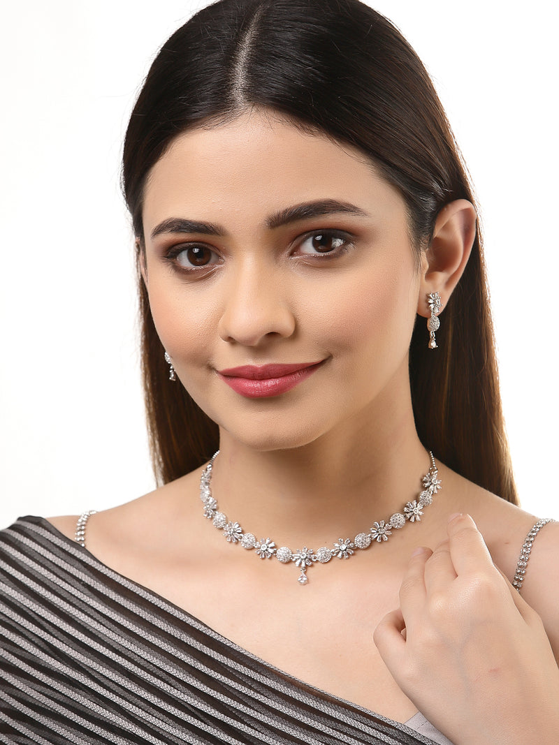 Flower Shaped Rhodium-Plated with Silver-Tone & White American Diamond Studded Jewellery Set