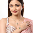 Gold Plated American Diamond And Emerald Green Crystal Necklace Set With Pendant, Earring And Ring