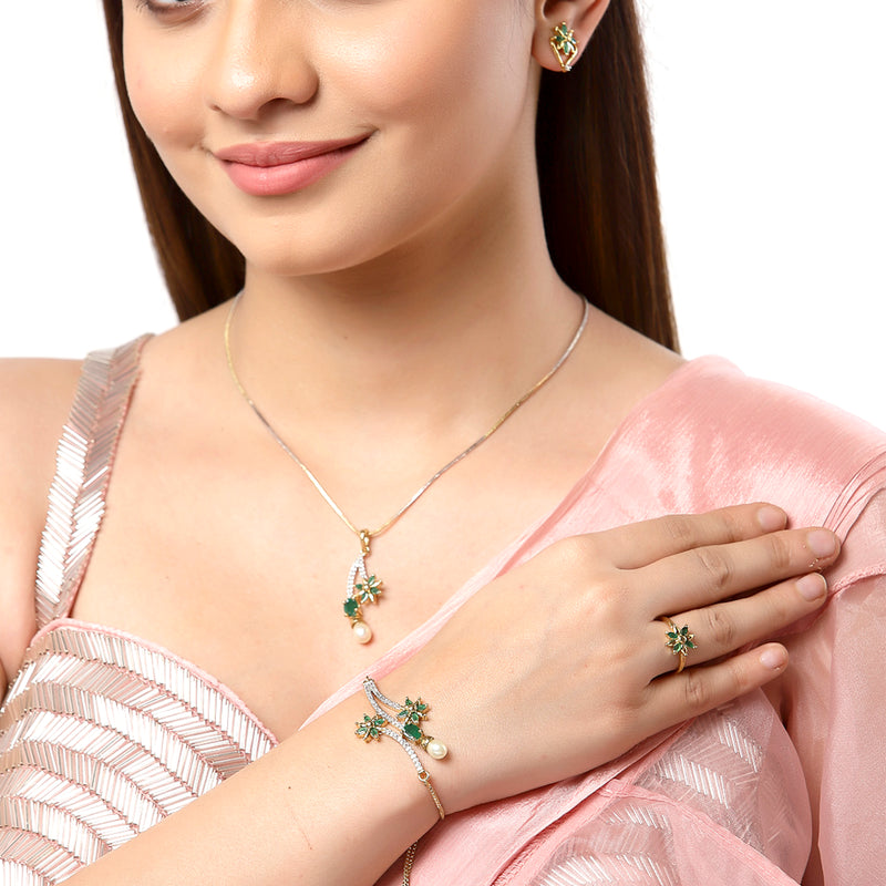 Gold Plated American Diamond And Emerald Green Crystal Necklace Set With Pendant, Earring And Ring