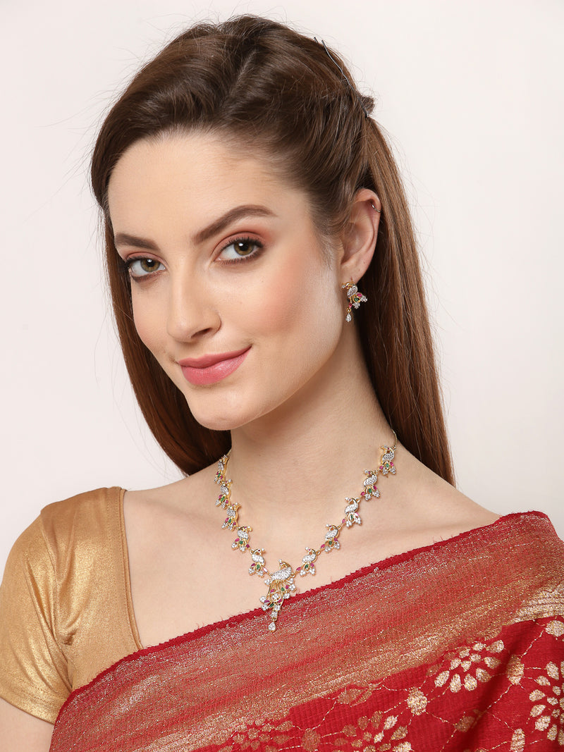 Peacock Shaped Gold-Plated with Silver-Toned Pink and Green American Diamond Studded Handcrafted Jewellery Set