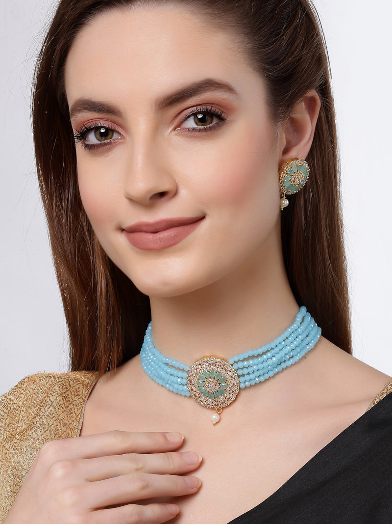 Turqoise Blue Gold-Plated Stone Studded Multistrand Choker Necklace with Earring