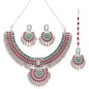 Rhodium-Plated with Silver-Tone Red and Green Kundan-Studded Meenakari Jewellery Set