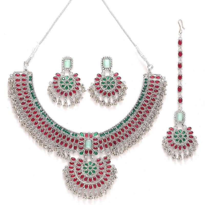 Rhodium-Plated with Silver-Tone Red and Green Kundan-Studded Meenakari Jewellery Set