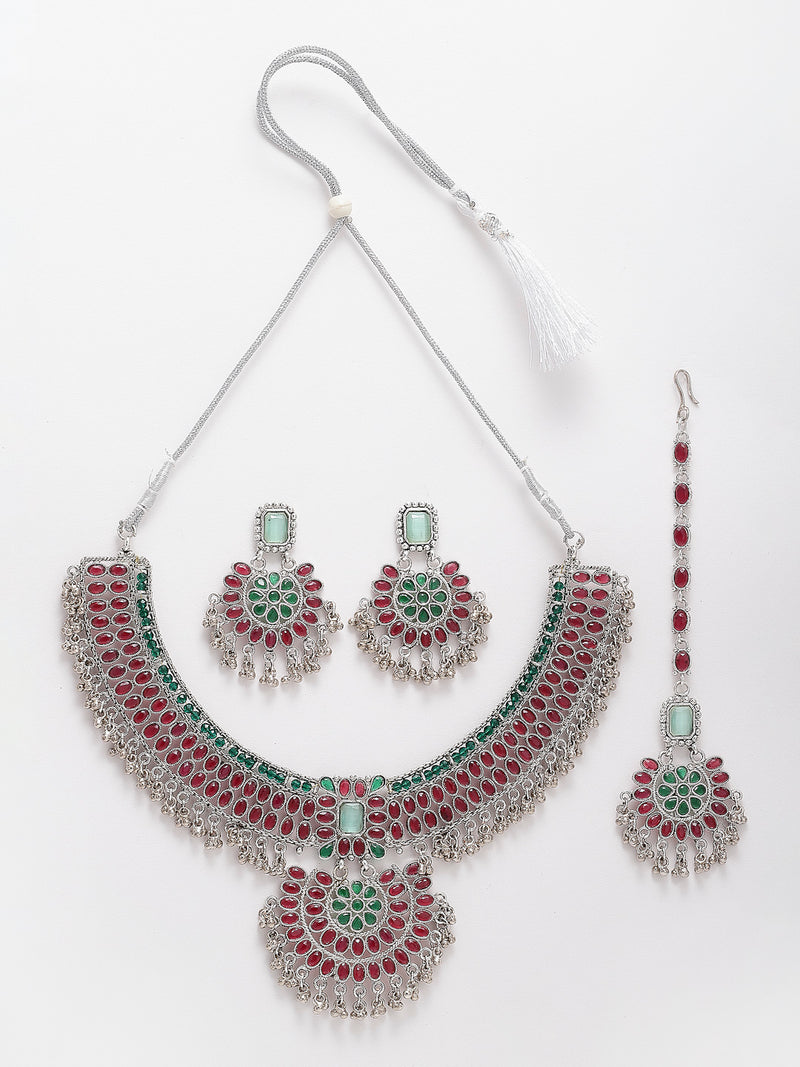Rhodium-Plated with Silver-Tone Red and Green Kundan-Studded Meenakari Jewellery Set