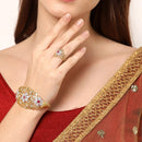Gold-Plated Floral Design White & Pink American Diamond Studded Bangle & Ring Set