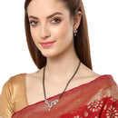Gold-Plated White & Red AD-Studded & Black Beaded Mangalsutra With Earrings
