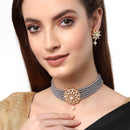 Grey Gold-plated Kundan Studded & Beaded Multistrand Choker Necklace Jewellery Set