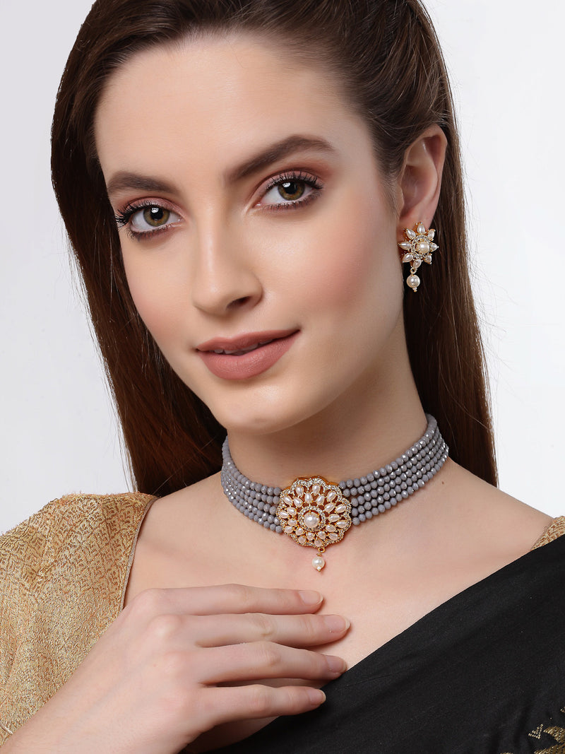 Grey Gold-plated Kundan Studded & Beaded Multistrand Choker Necklace Jewellery Set