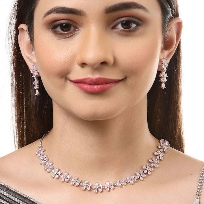 Rhodium-Plated with Silver-Tone Pink American Diamond-Studded Jewellery Set