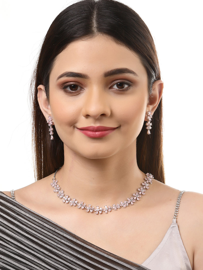 Rhodium-Plated with Silver-Tone Pink American Diamond-Studded Jewellery Set