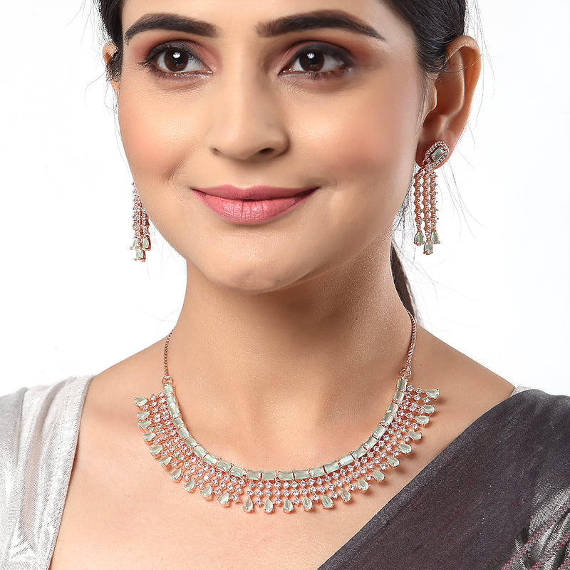Green American Diamond Gold-Plated with Rose-Tone Stone Studded Necklace Set