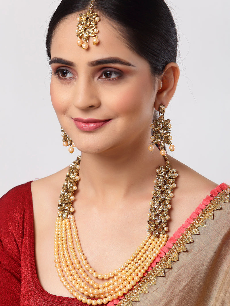 Flower Shaped Gold-Plated Champagne Kundan Studded & Pearl Beaded Multi-Stranded Jewellery Set