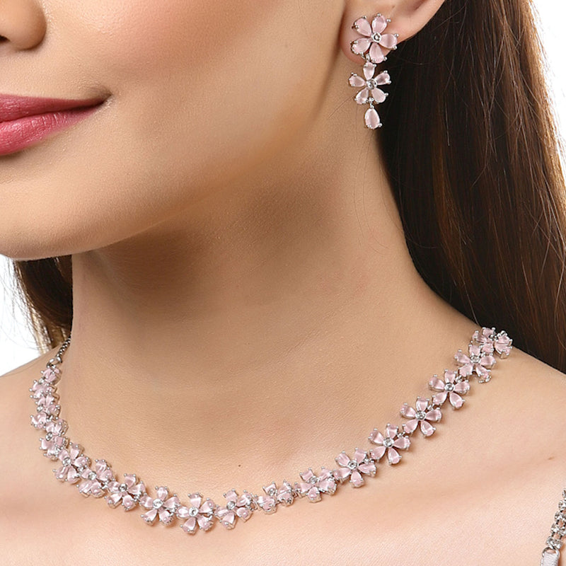 Rhodium-Plated with Silver-Tone Pink American Diamond-Studded Jewellery Set