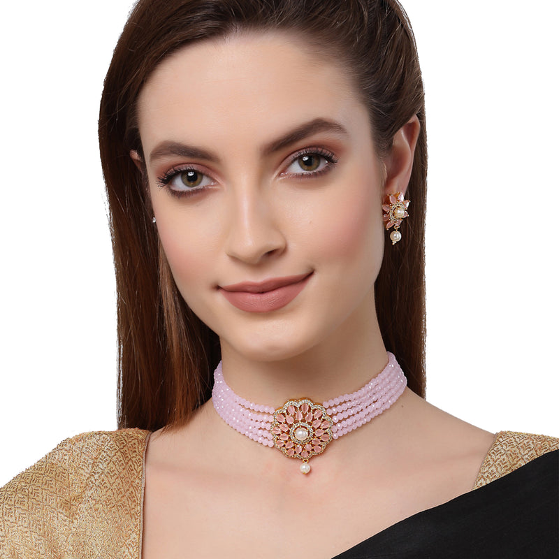 Multi-String Gold-Plated Pink & White Kundan Studded & Beaded Floral Shaped Choker Jewellery Set