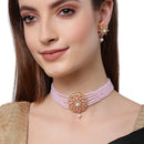 Multi-String Gold-Plated Pink & White Kundan Studded & Beaded Floral Shaped Choker Jewellery Set