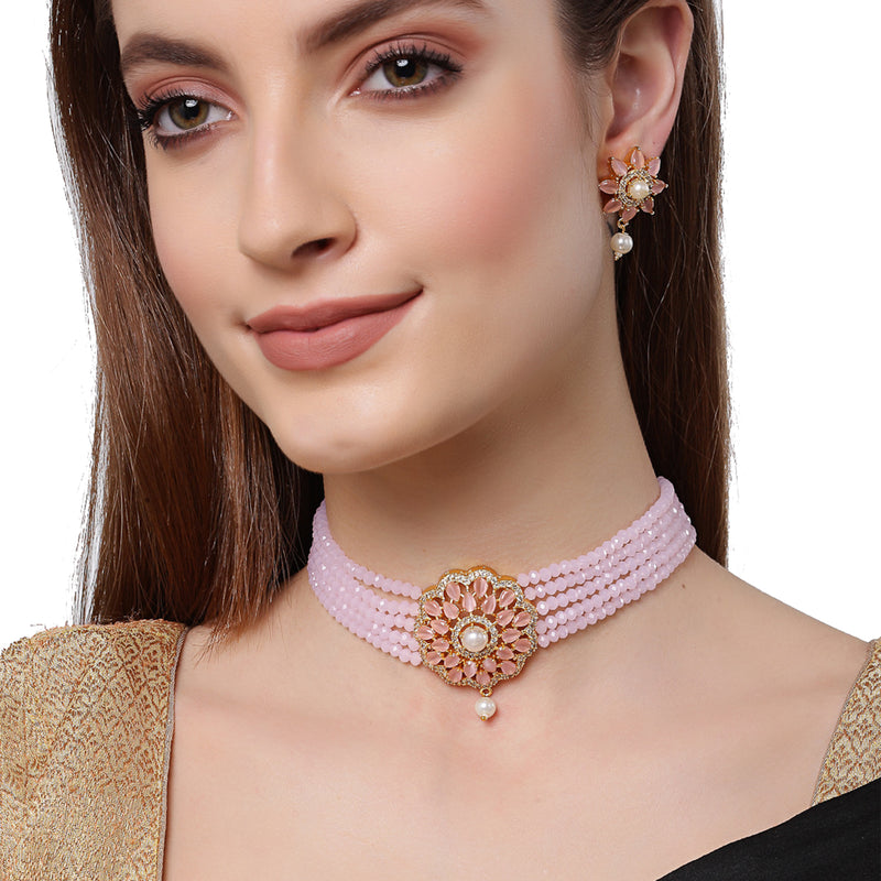 Multi-String Gold-Plated Pink & White Kundan Studded & Beaded Floral Shaped Choker Jewellery Set