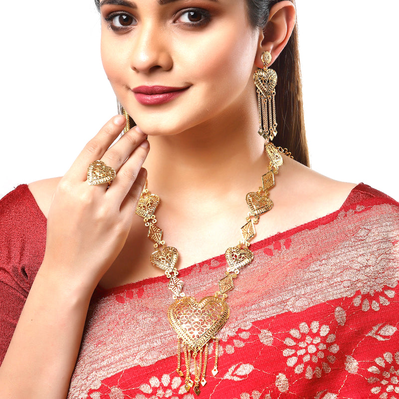 Gold-Plated Heart Shaped Necklace With Ring & Earring