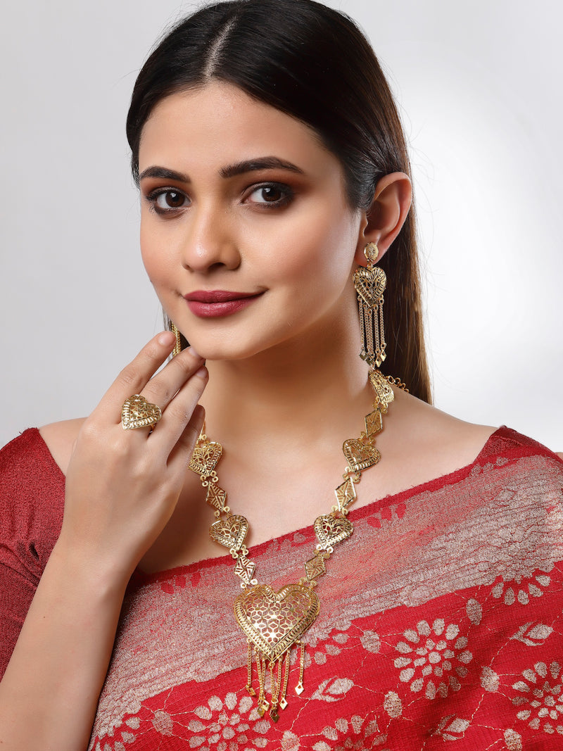 Gold-Plated Heart Shaped Necklace With Ring & Earring