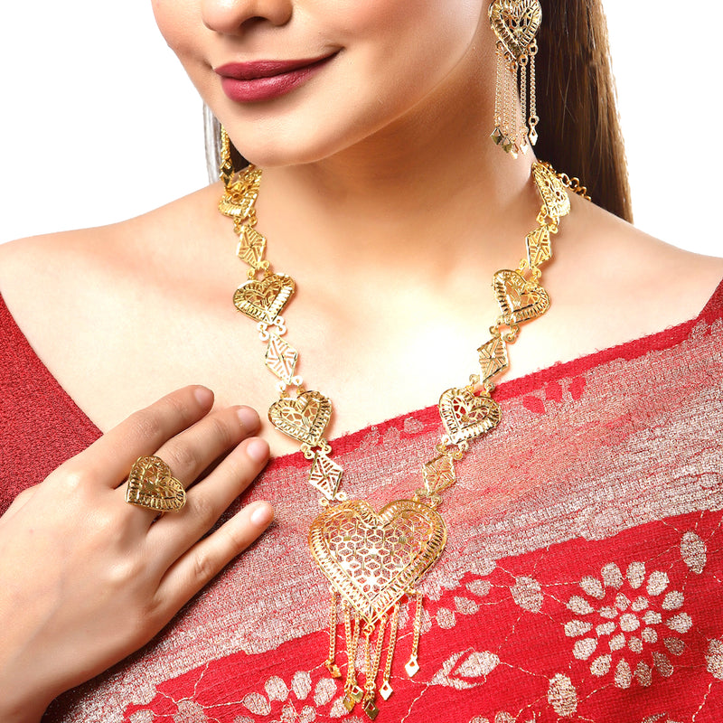 Gold-Plated Heart Shaped Necklace With Ring & Earring