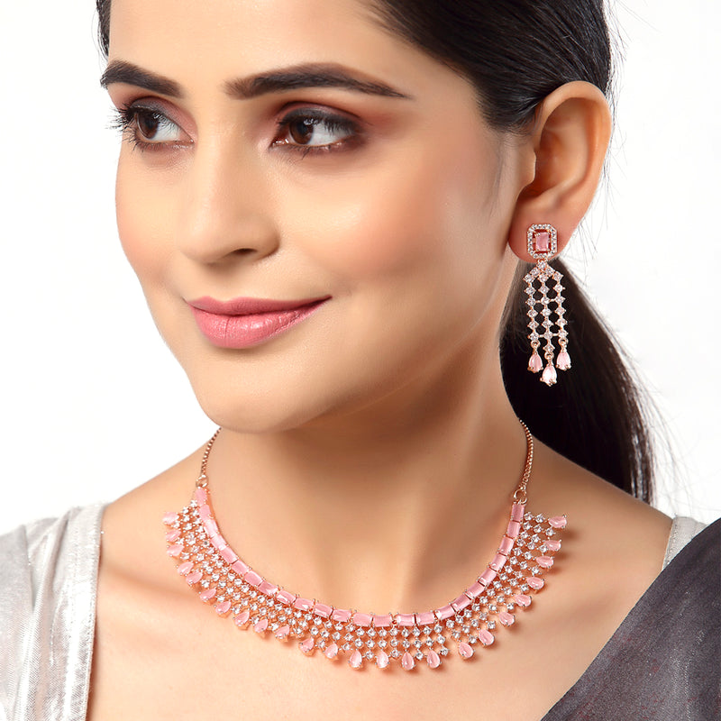 Rose Gold-Plated Pink & White AD-Studded Contemporary Jewellery Set