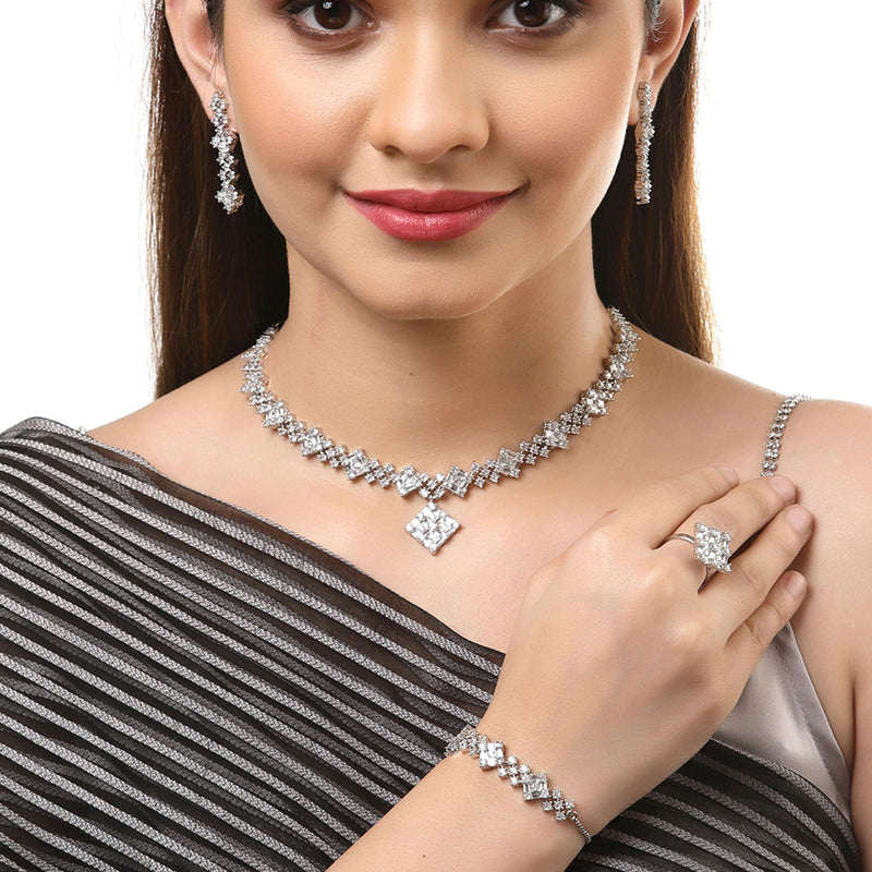 Rhodium-Plated with Silver-Toned White American Diamond Studded Jewellery Set Combo