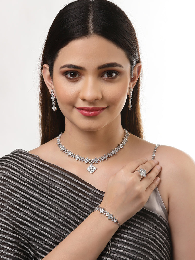 Rhodium-Plated with Silver-Toned White American Diamond Studded Jewellery Set Combo