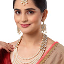 Flower Shaped Gold-Plated Kundan Pearl & Ruby White Beads Studded Necklace Set With Crystal Earring and Maang Tika