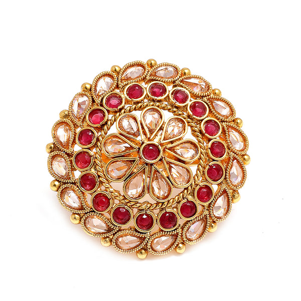 Gold-Plated Round & Teardrop Shaped White & Red Cubic Zirconia Studded Ring