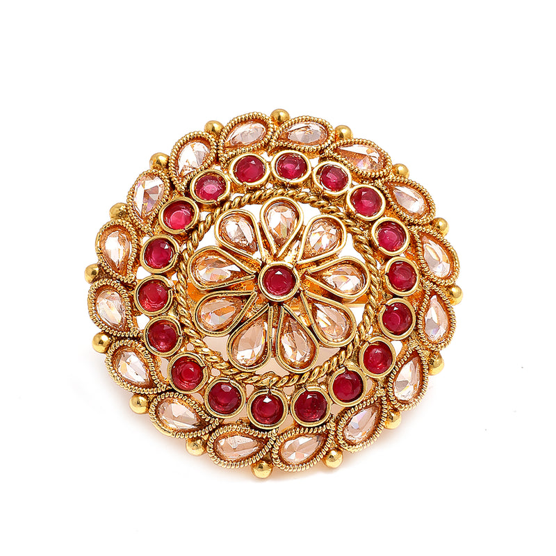 Gold-Plated Round & Teardrop Shaped White & Red Cubic Zirconia Studded Ring