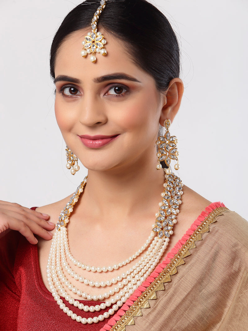 Flower Shaped Gold-Plated Kundan Pearl & Ruby White Beads Studded Necklace Set With Crystal Earring and Maang Tika
